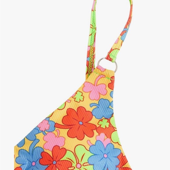 Metallic Halter Top Two Piece Neon Floral Tie Side Triangle Bikini Women’s Sz L - Picture 5 of 12